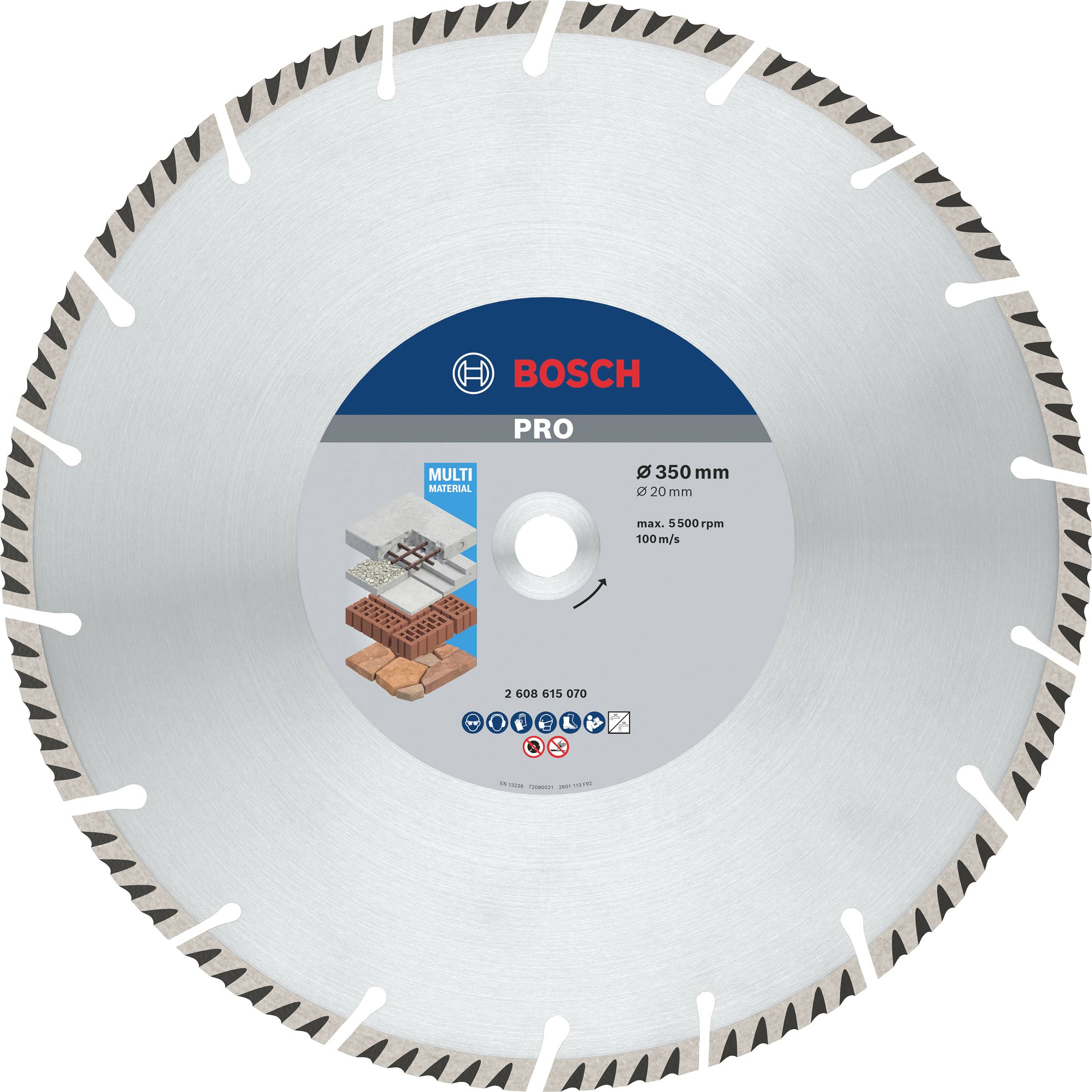 Diamanttrennscheibe von Bosch Pro, Ø 350 mm, für Beton, Ziegel und Naturstein. Geeignet für 2900 U/min, zeigt Bauanwendungsbereich.