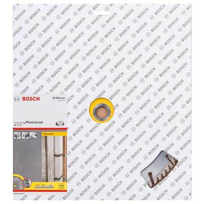 Verpackung eines Standard-Universalsägeblatts von Bosch, 350 mm. Eignet sich für Stahl, Holz und Plastik. Markenlogo mehrfach abgebildet.