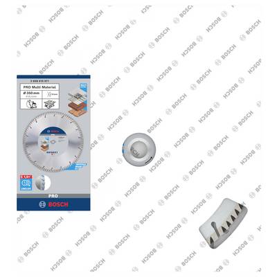 Verpackung einer Bosch PRO Multi Material Sägeblatt, 305 mm. Zeigt das Sägeblatt, enthaltene Teile und Grafiken des Materials.
