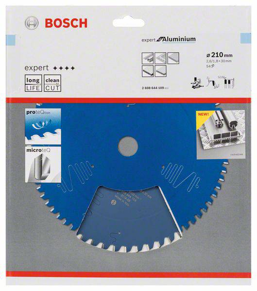 'Bosch Expert Aluminium Kreissägeblatt, 210 mm Durchmesser, geeignet für Aluminium und Metalle, Lebensdauer und präzise Schnitte.'