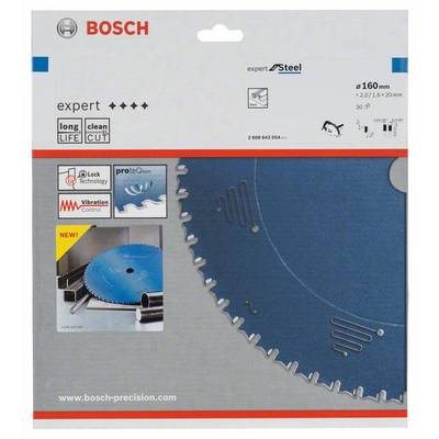 Verpackung einer Bosch-Kreissäge mit einem Sägeblatt. Enthält Merkmale wie lange Lebensdauer, saubere Schnitte, und Stahlmaterial.