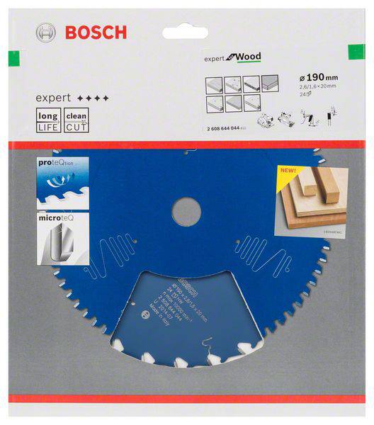'Bosch' Kreissägeblattverpackung, blaues Sägeblatt, geeignet für Holz, ø 190 mm, 24 Zähne, hervorgehobene Merkmale: lange Lebensdauer, saubere Schnitte.