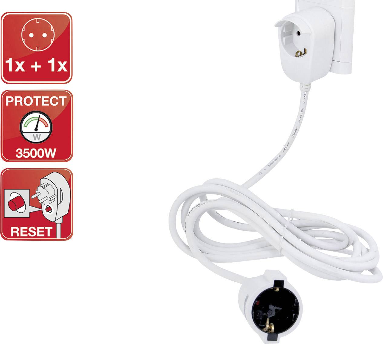 Weißes Verlängerungskabel mit Überspannungsschutz, geeignet für 3500W, mit Reset-Funktion. Bild zeigt einen Wandstecker.