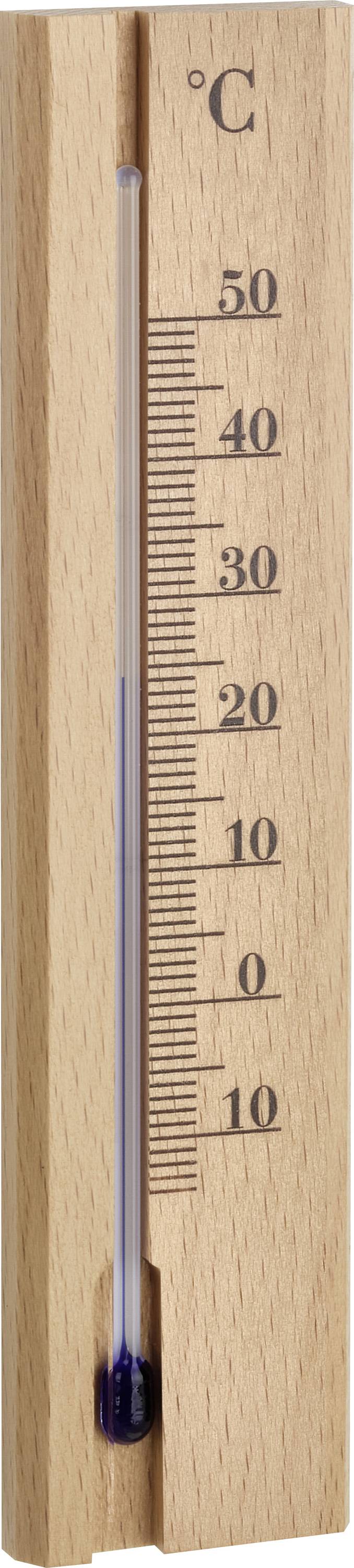 Holz-Celsius-Thermometer, das etwa 0°C anzeigt, wobei der Flüssigkeitsstand nahe dem Gefrierpunkt liegt.