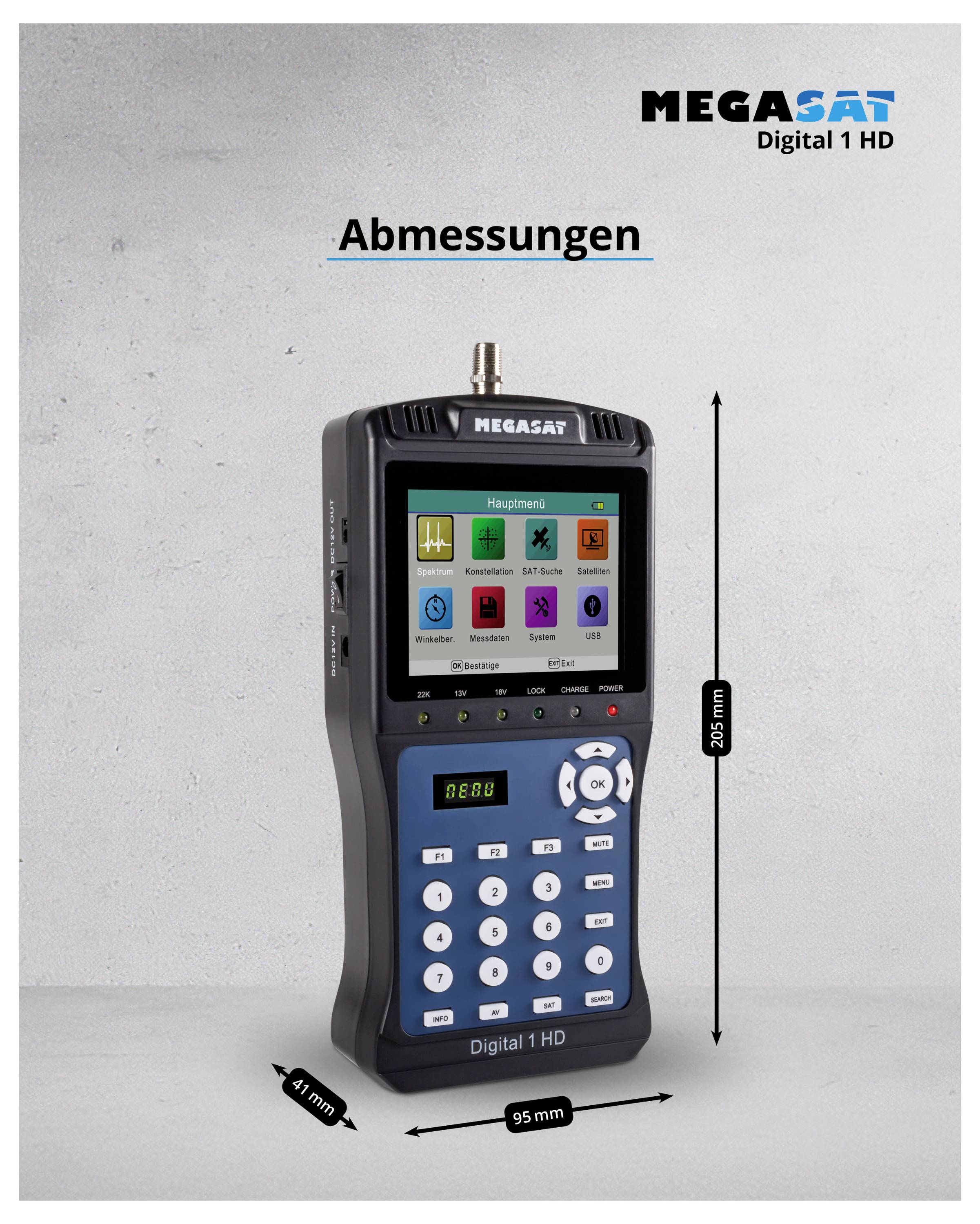 Eintrag eines Megasat Digital 1 HD Messgeräts. Linke Seite zeigt das Gerät von vorne mit Display und Tastenfeld. Maße: 200 mm Höhe, 95 mm Breite, 47 mm Tiefe.