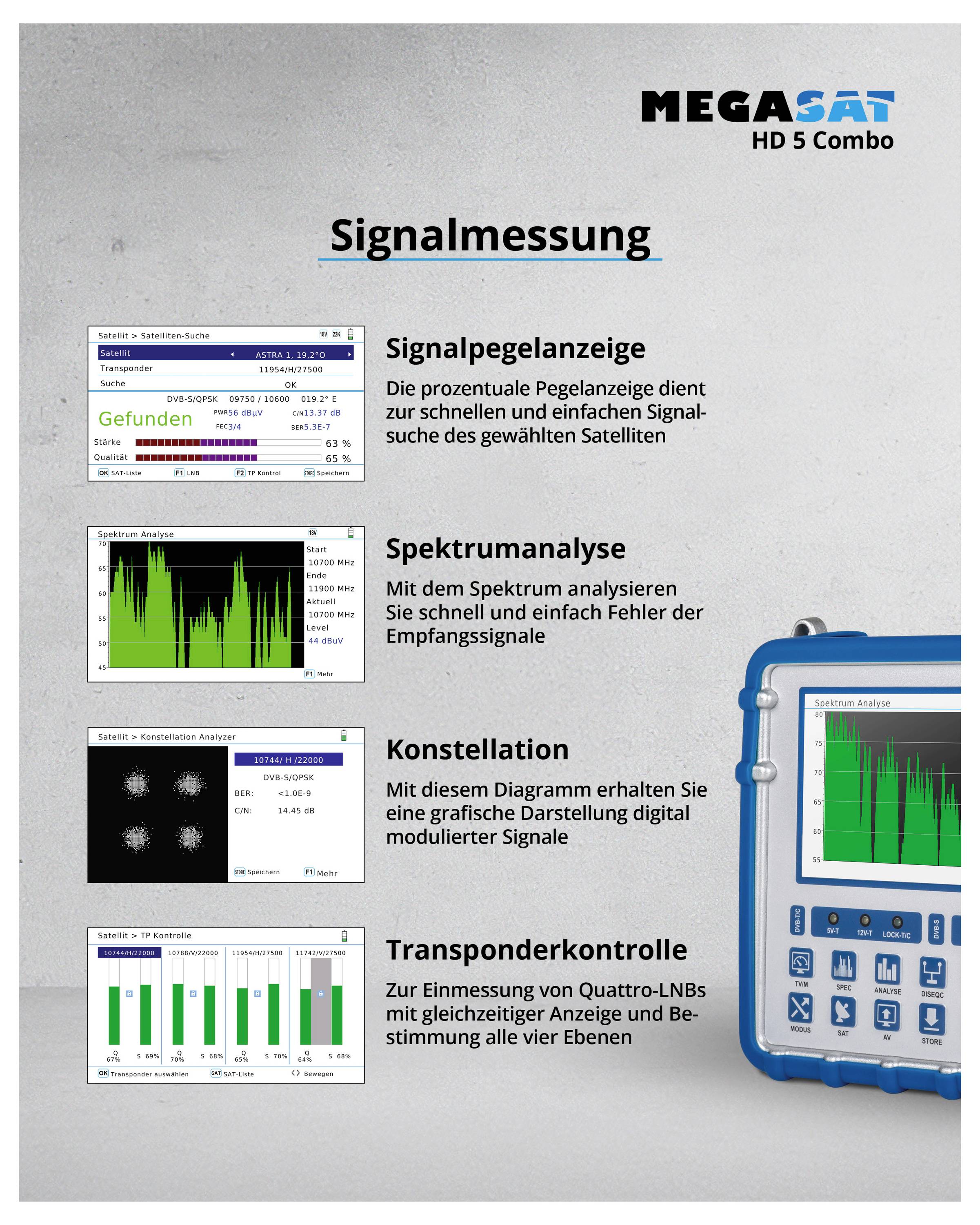 'Signalpegelanzeige, Spektrumanalyse, Konstellation und Transponderkontrolle auf einem Gerät. Überblick funktionaler Messmöglichkeiten.'