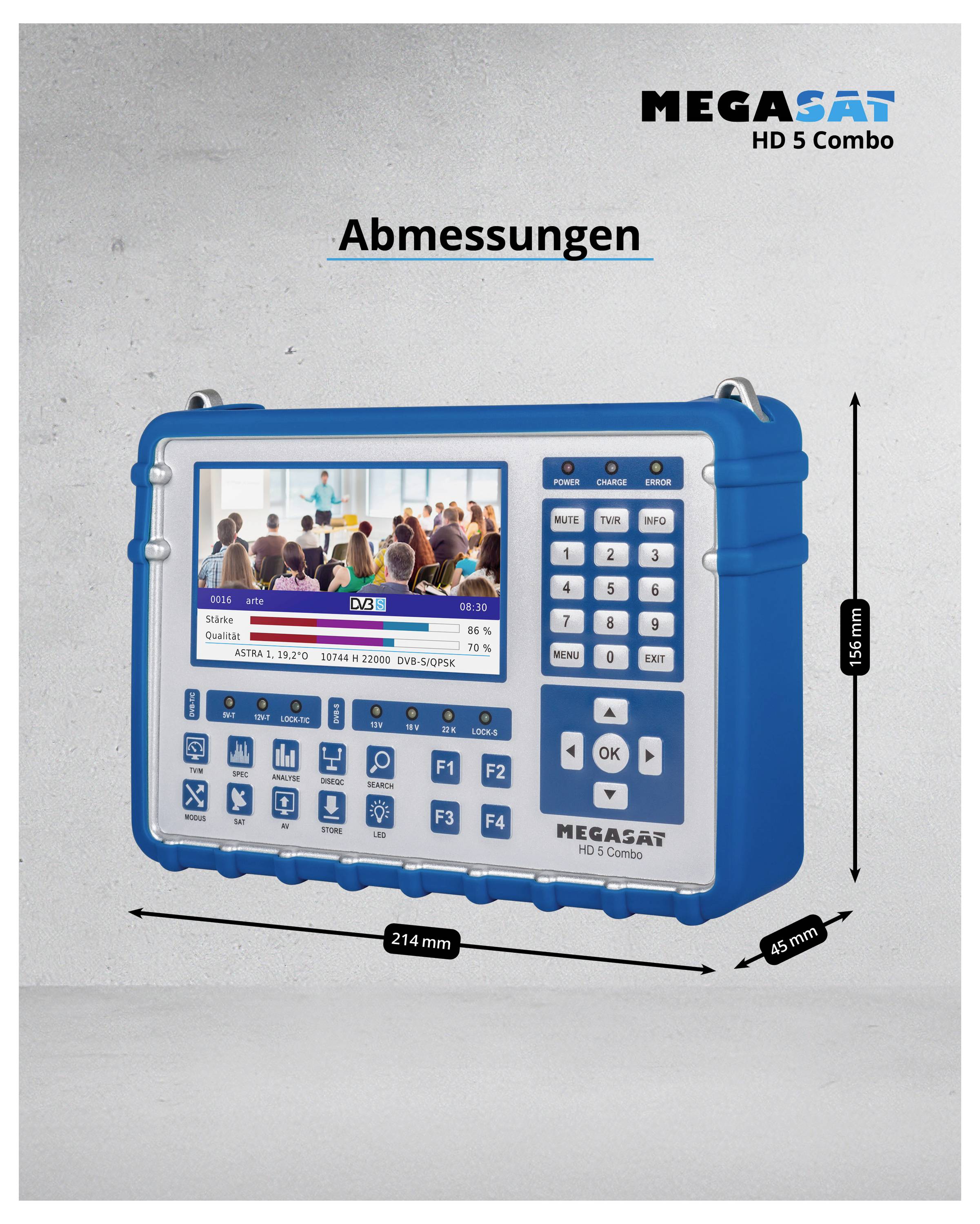 'Abmessungen' des MEGASAT HD 5 Combo: Bildschirm zeigt technischen Messwert. Maße: 214 mm Breite, 145 mm Höhe, 45 mm Tiefe.
