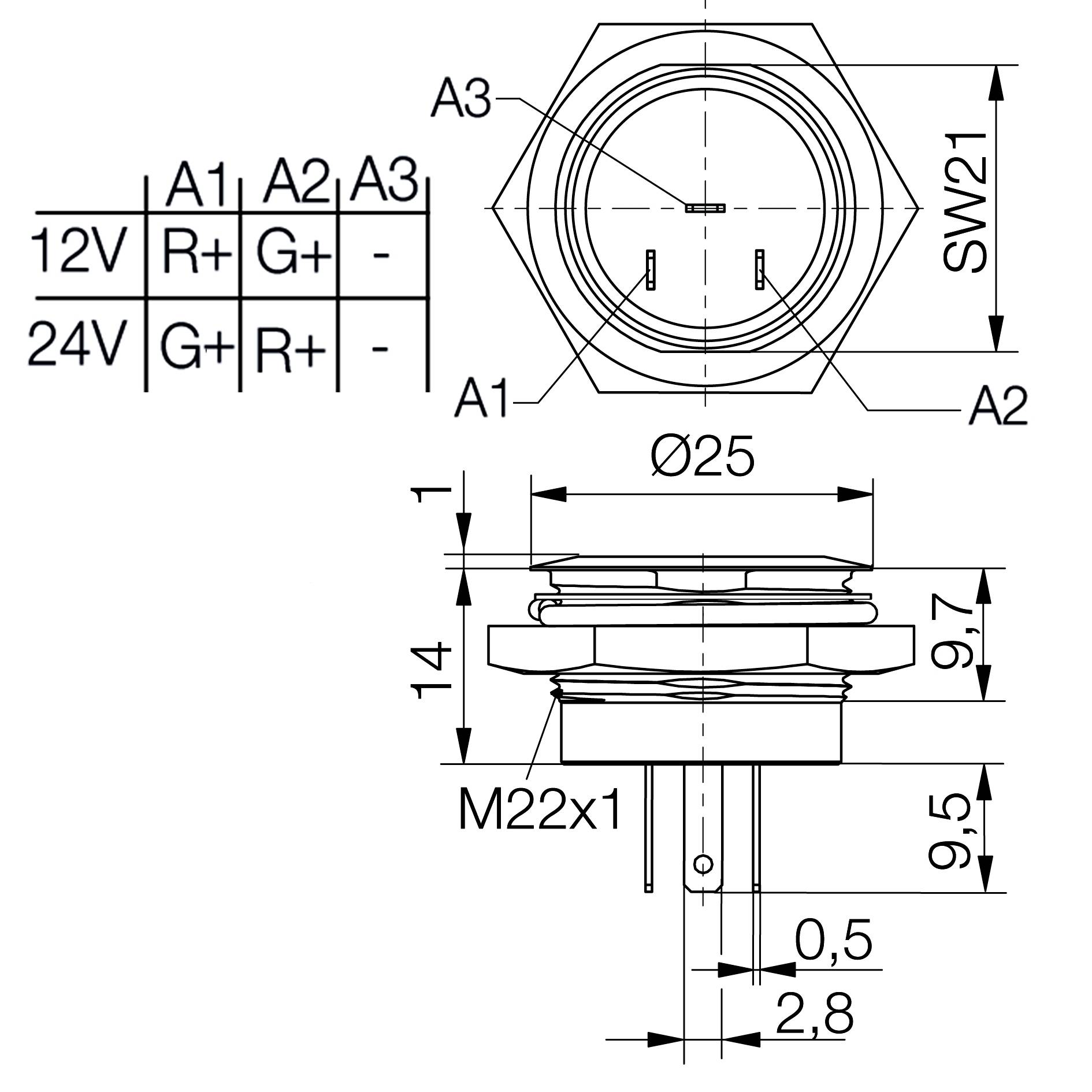 Technische Zeichnung eines runden Schalters mit Anschlüssen (A1, A2, A3). Maße: Ø25, Höhe 14, Gewinde M22x1. Anschlussdetails für 12V und 24V.