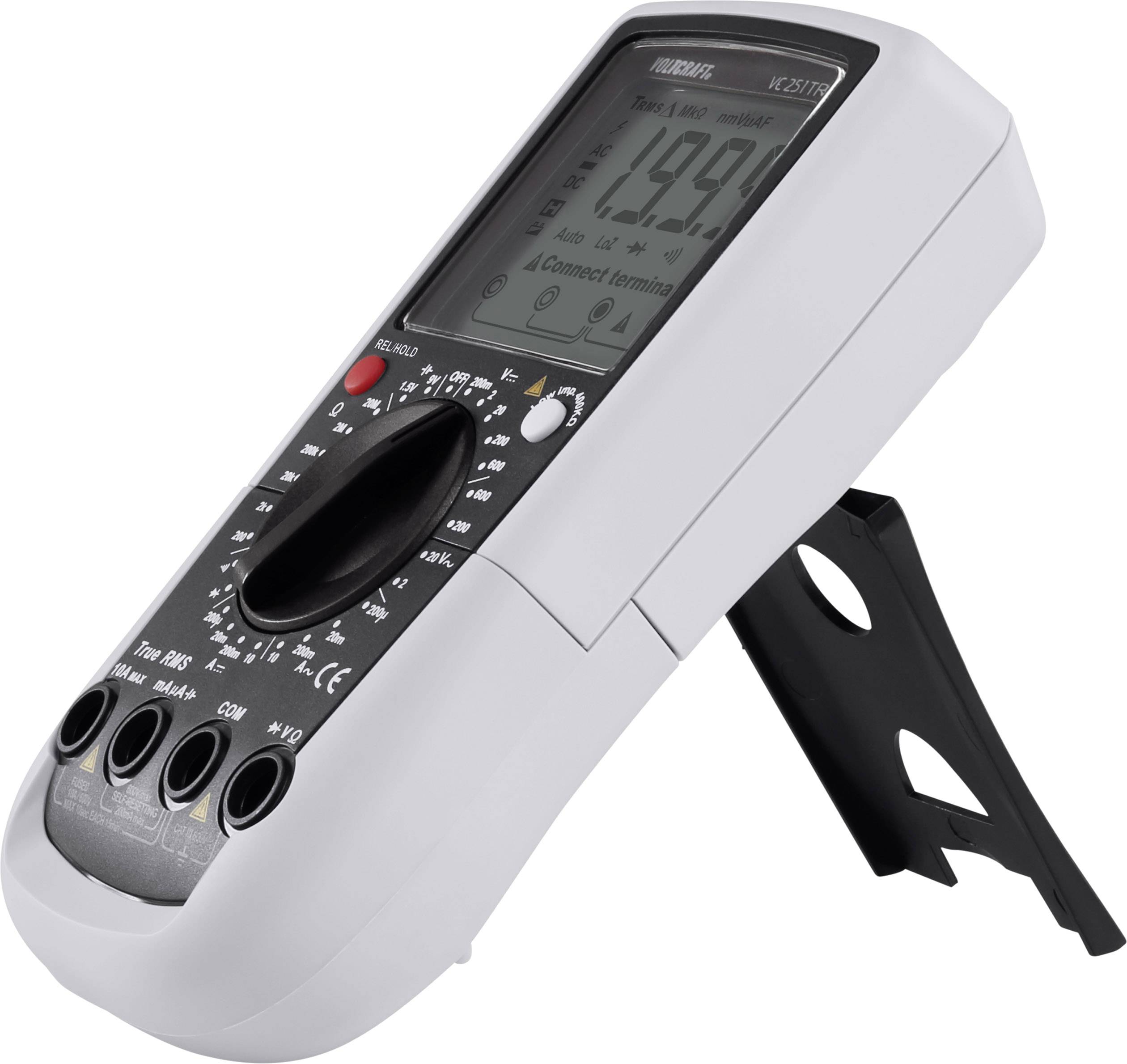 Ein digitales Multimeter in Seitensicht, zeigt den Wert '199.9' auf dem Display. Es hat einen Ständer zum aufrechten Abstellen.