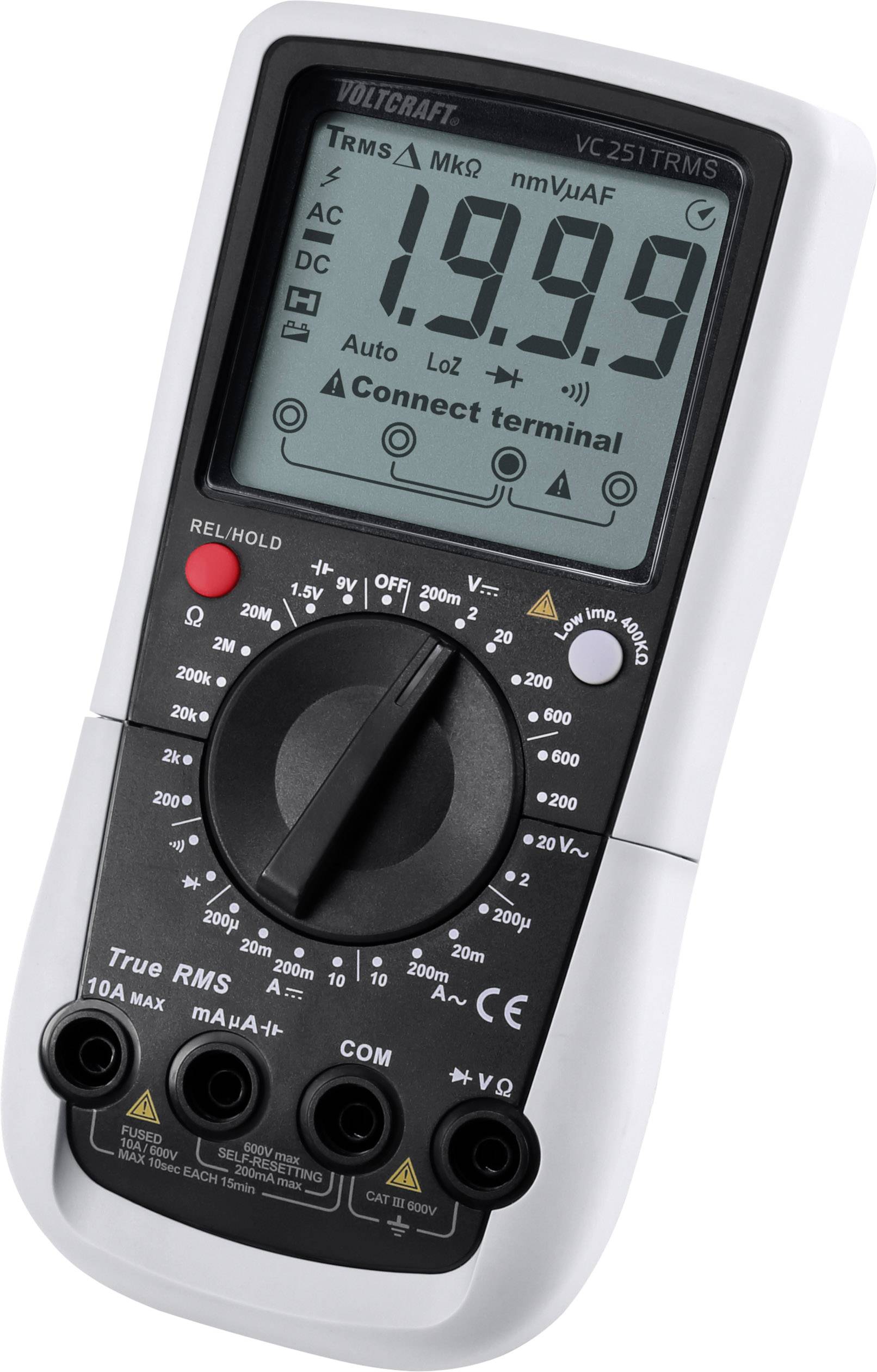 Ein digitales Multimeter zeigt einen Messwert von 1,999 an. Der Drehschalter ist auf Gleichspannung (DC) eingestellt.
