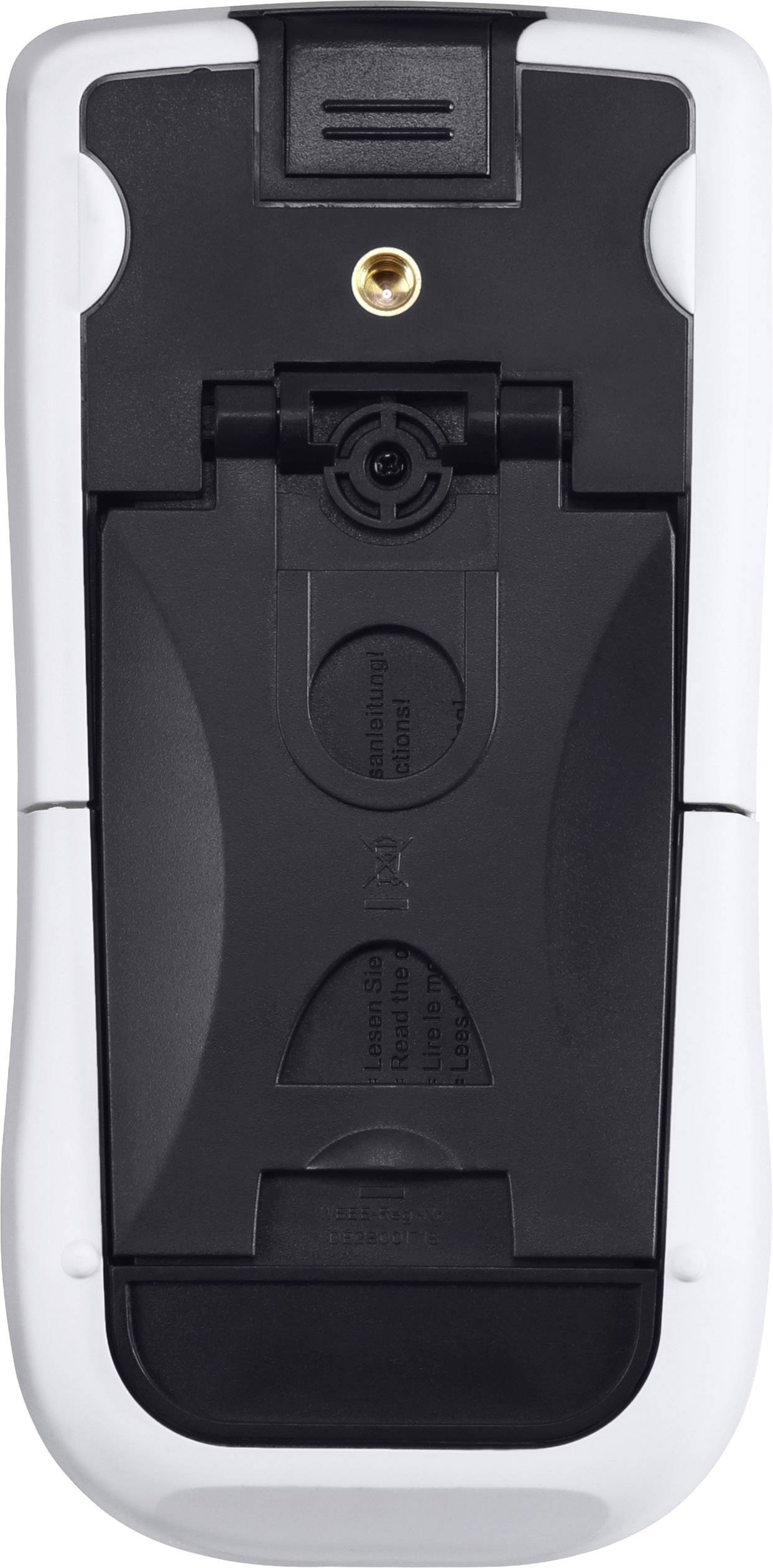 Rückseite einer universellen TV-Fernbedienung, mit Batterieabdeckung und Befestigungsschraube sichtbar.