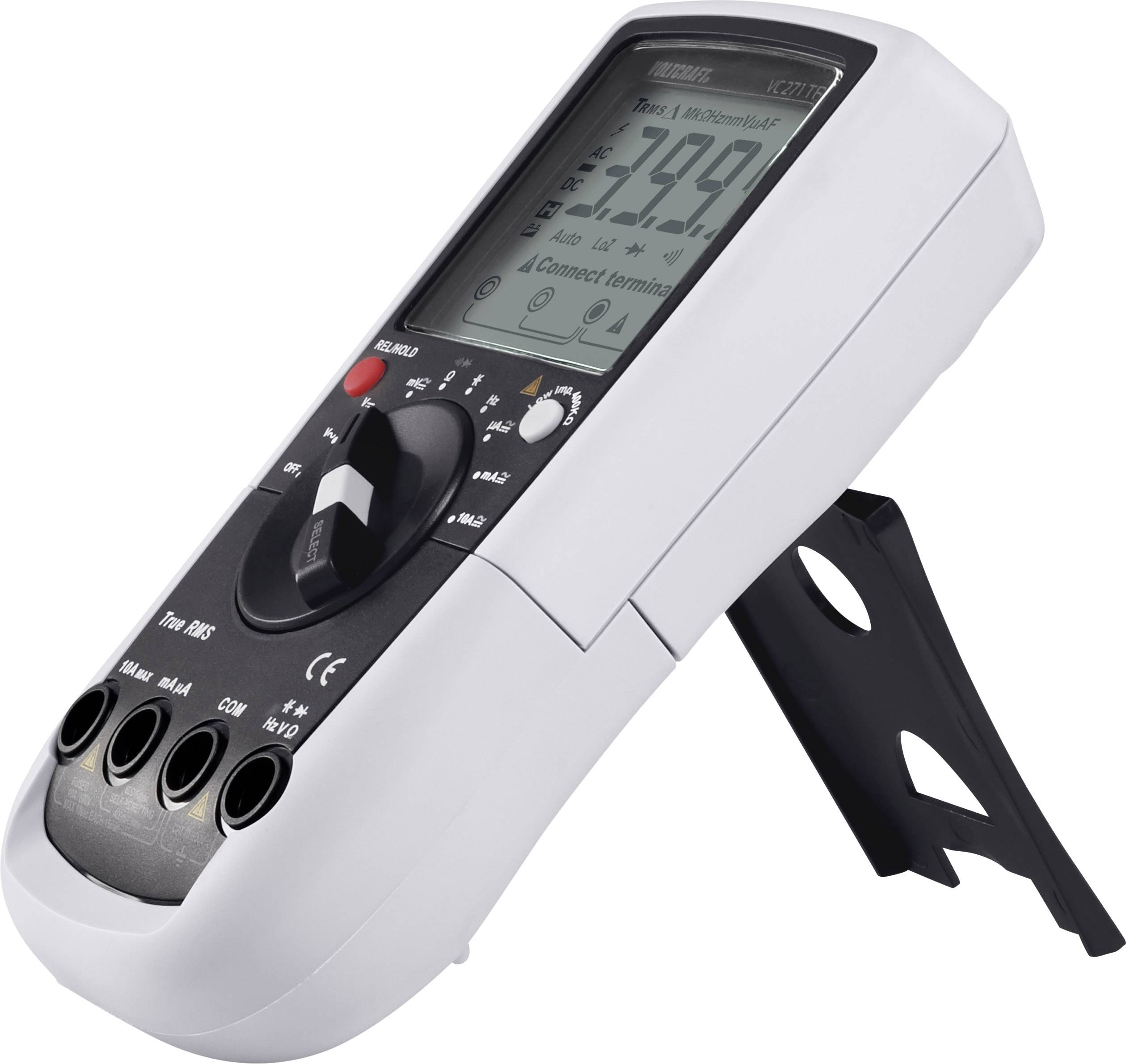 Ein digitales Multimeter auf einem Ständer, mit verschiedenen Anschlüssen und einer Anzeige von '7.99'.