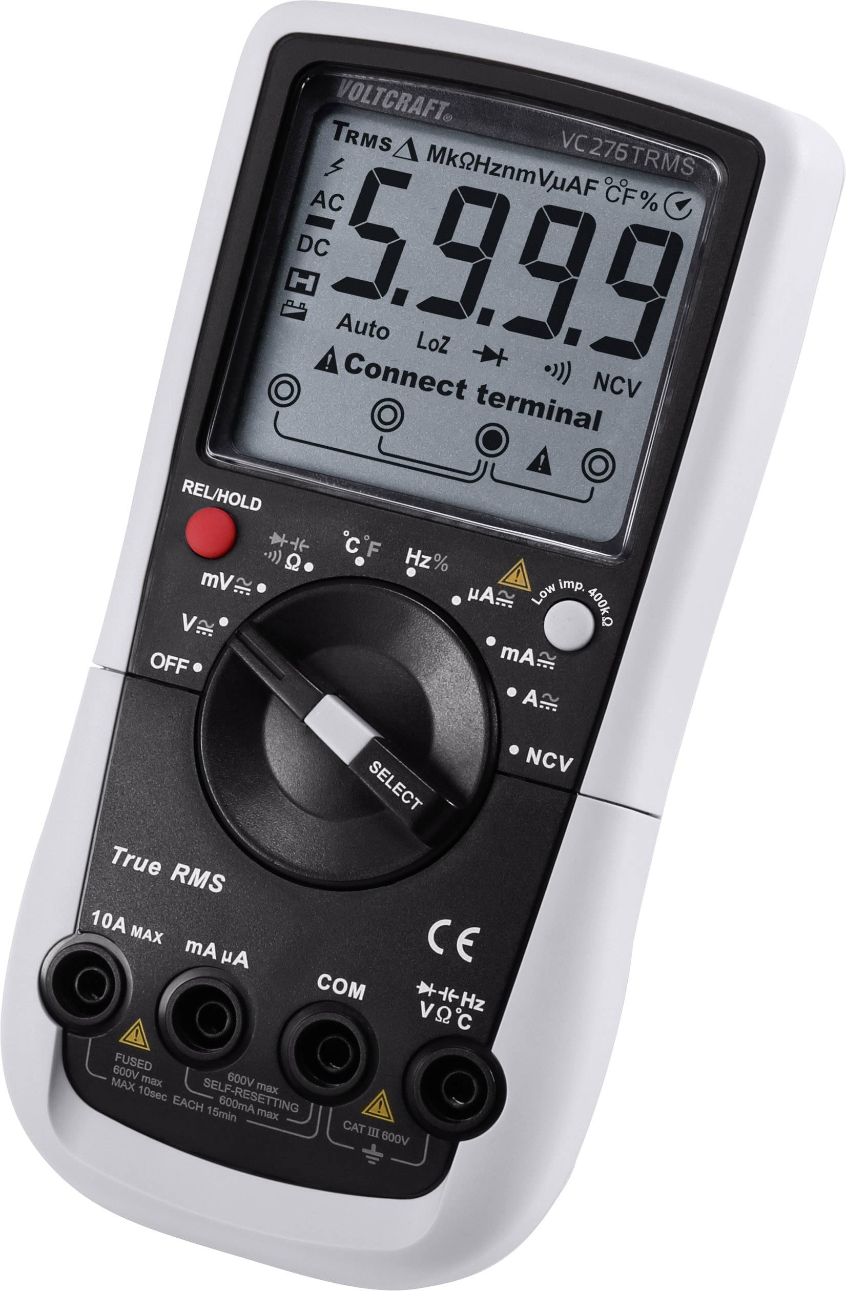 Digitales Multimeter mit Anzeige für Spannungs- und Widerstandsmessung. Verschiedene Messmodi und Anschlüsse sichtbar.