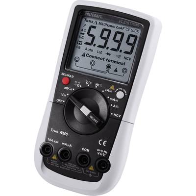 Digitales Multimeter mit Anzeige für Spannungs- und Widerstandsmessung. Verschiedene Messmodi und Anschlüsse sichtbar.