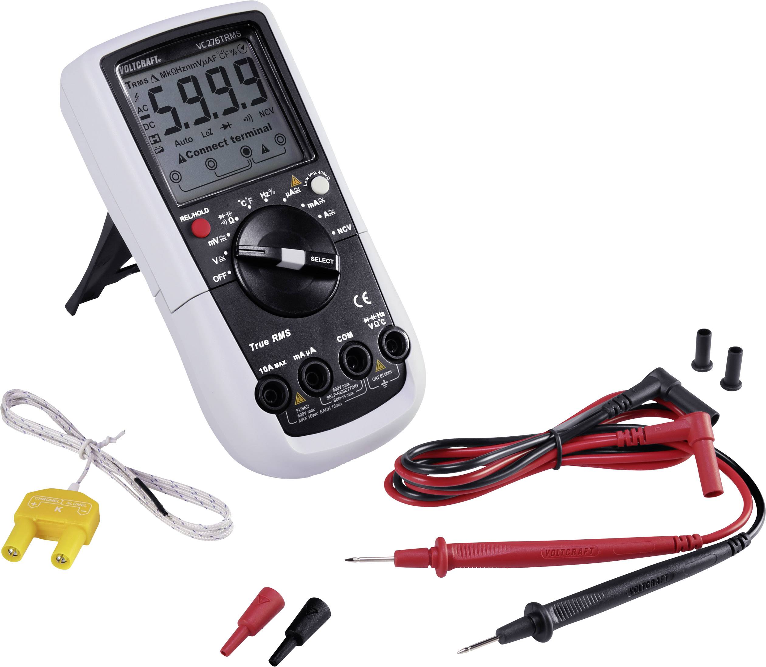 Digitalmultimeter mit Messleitungen und Zubehör. Das Display zeigt '59.9'. Enthält ein gelbes Thermoelement und schwarze sowie rote Prüfspitzen.