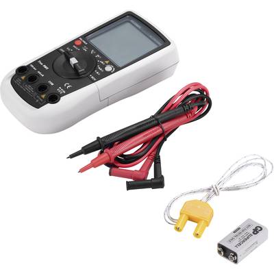 Ein Multimeter mit Kabeln und Zubehör, inklusive eines gelben Adapters und einer 9-Volt-Batterie.