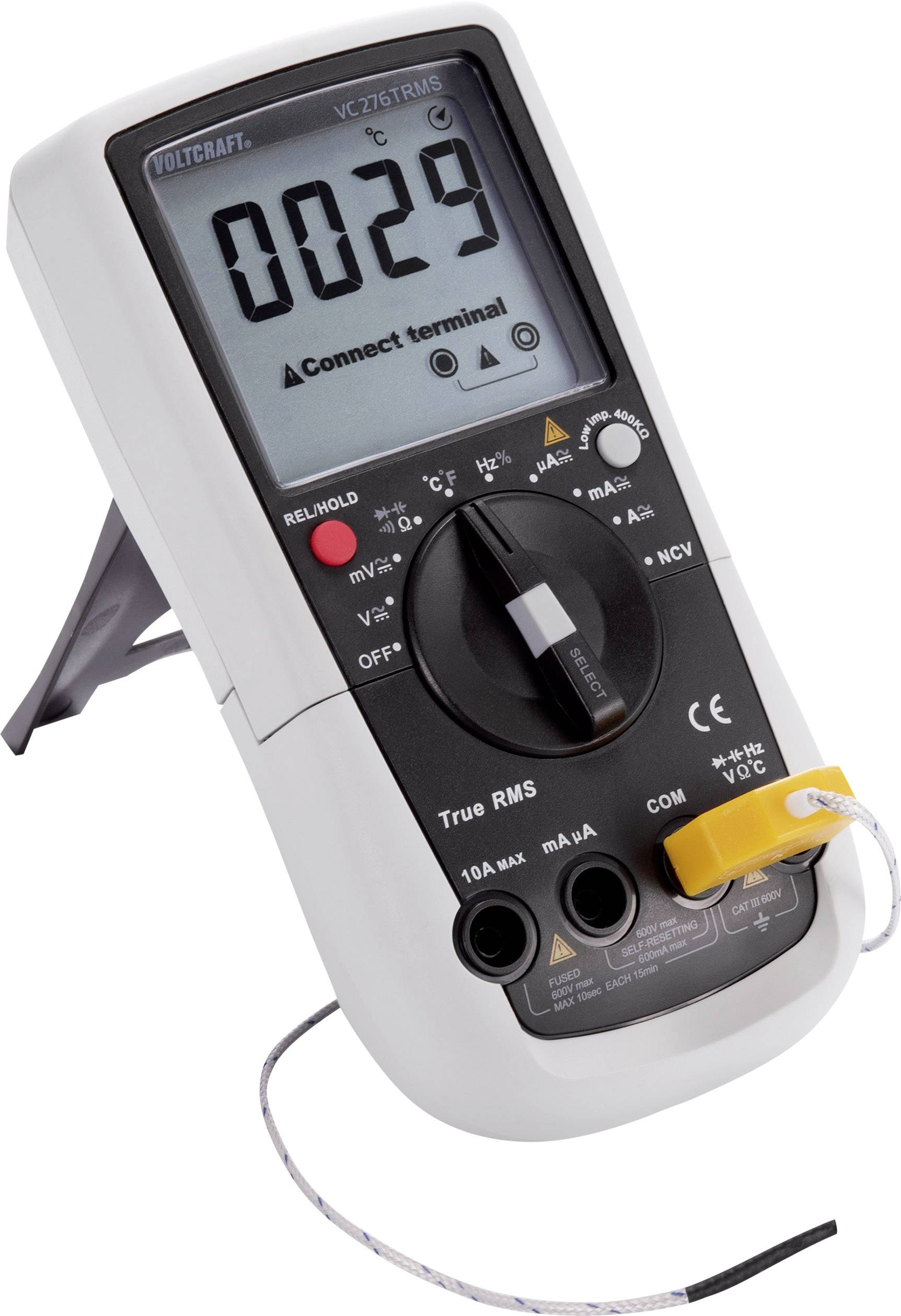 Multimeter mit digitalem Display zeigt '0029'. Rädchen für Moduswahl, Anschlussbuchsen und gelber Kabelclip sichtbar.