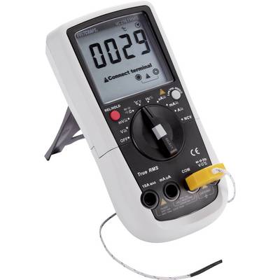 Multimeter mit digitalem Display zeigt '0029'. Rädchen für Moduswahl, Anschlussbuchsen und gelber Kabelclip sichtbar.