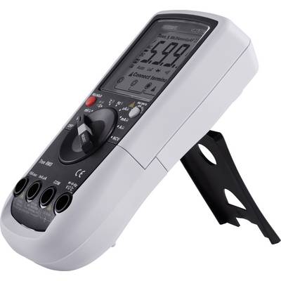 Ein digitales Multimeter mit Ständer zeigt eine Spannung von 5,99 Volt an. Es hat mehrere Messmodi und Anschlüsse an der Vorderseite.