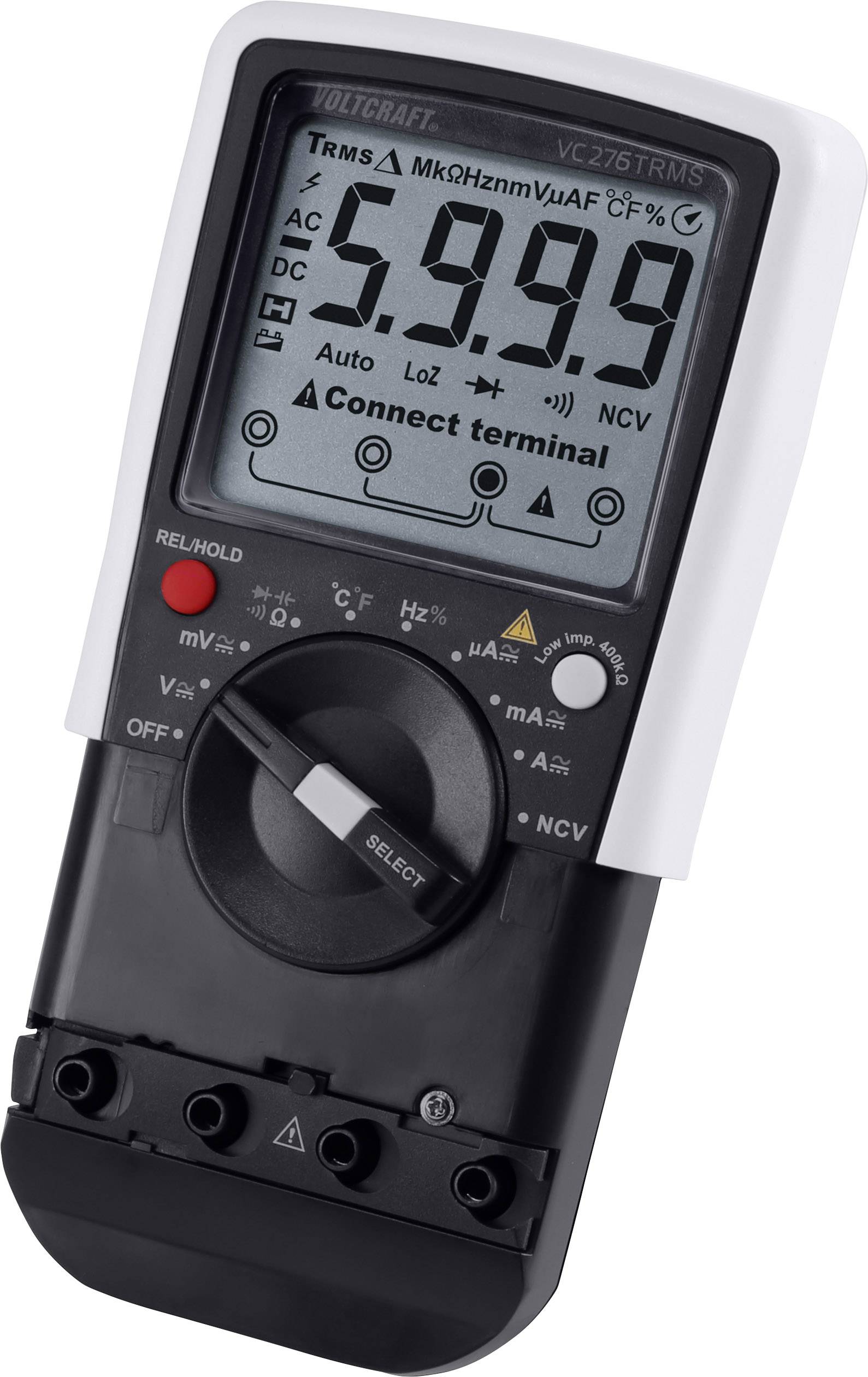 Digitalmultimeter mit Display zeigt '5,99'. Schalter für Messfunktionen AC, DC, V, mV, Ω, mA. Funktion für Rel/Hold.