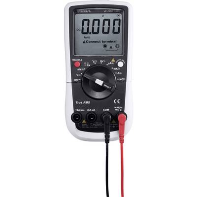Digitales Multimeter mit Display, das '0.000' anzeigt. Schwarze und rote Messleitungen sind angeschlossen.