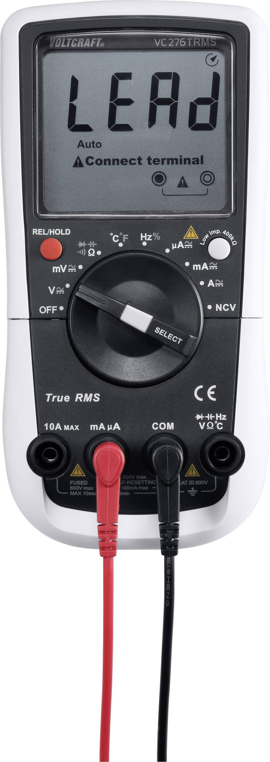 Digitales Multimeter mit großem Display zeigt 'LEAd'. Zwei Kabel, rot und schwarz, sind unten angeschlossen.