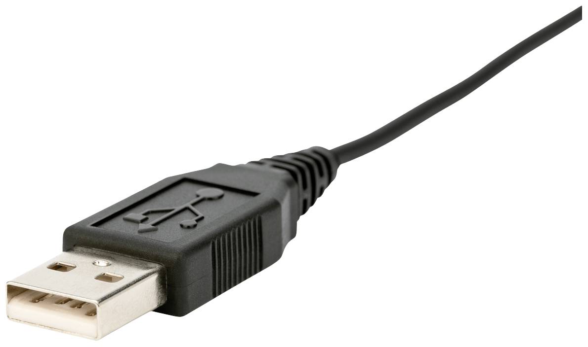 Nahaufnahme eines USB-Kabels mit schwarzem Stecker auf weißem Hintergrund. Der Stecker zeigt das USB-Symbol.