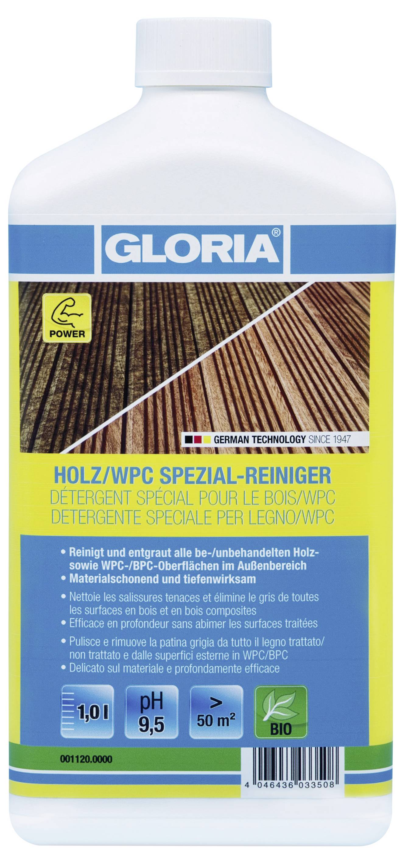 Flasche von GLORIA Holz/WPC Spezialreiniger, gekennzeichnet für Holz- und WPC-Decks und Außenflächen; 1,0 L, pH 9,5, Abdeckung 50 m², Bio-Logo.
