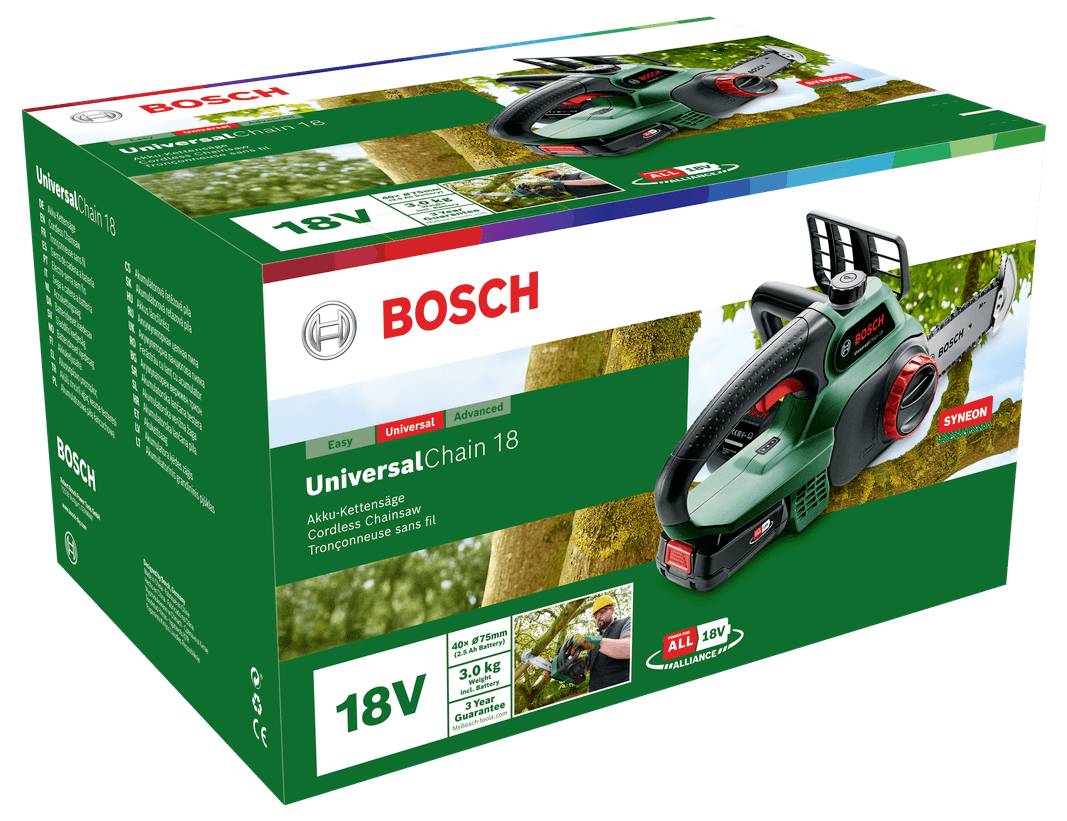 Verpackung einer Bosch Akku-Kettensäge 'UniversalChain 18V', abgebildet vor einem Baum. Text beschreibt Werkzeugeigenschaften.