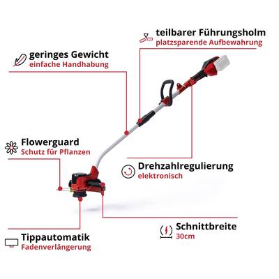Akku-Rasentrimmer mit teilbarem Führungsholm und elektronischer Drehzahlregulierung, 30 cm Schnittbreite, Flowerguard-Schutz.