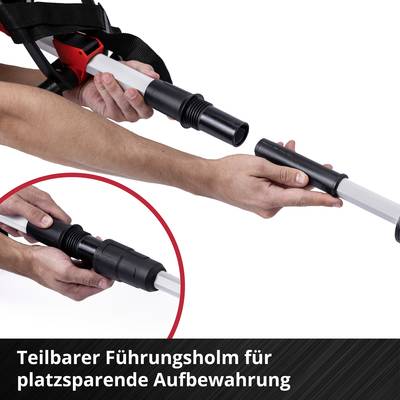 Eine Person hält einen geteilten Führungsholm eines Reinigungsgeräts. Text: 'Teilbarer Führungsholm für platzsparende Aufbewahrung'.