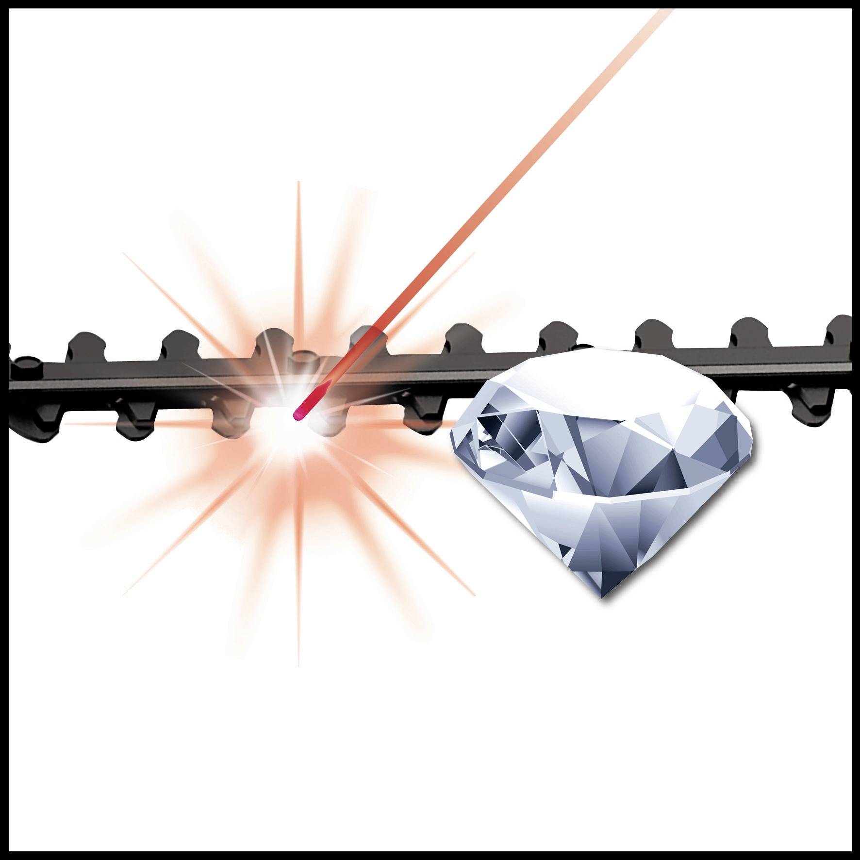 Ein Laserstrahl schneidet einen Metallzaun; daneben befindet sich ein glänzender Diamant. Dies symbolisiert Präzision.