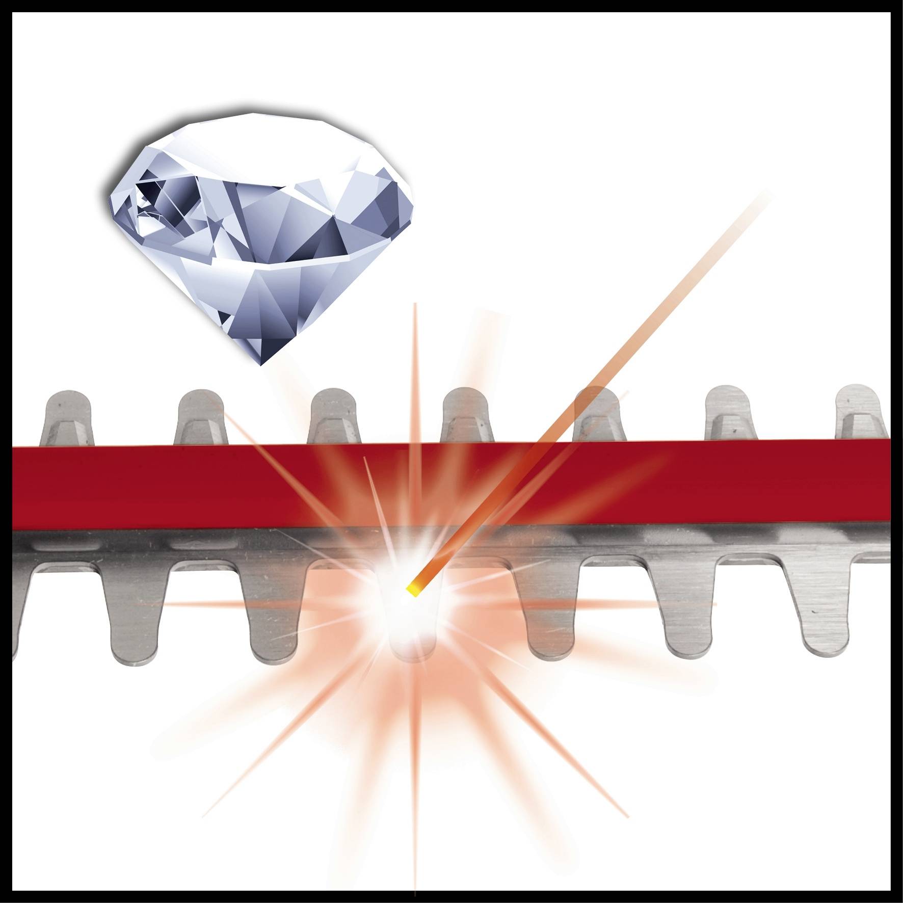 'Schneidemechanismus mit roten Zähnen und Funkenbildung, darüber ein schwebender Diamant. Symbolisiert scharfe und präzise Schneidtechnik.'