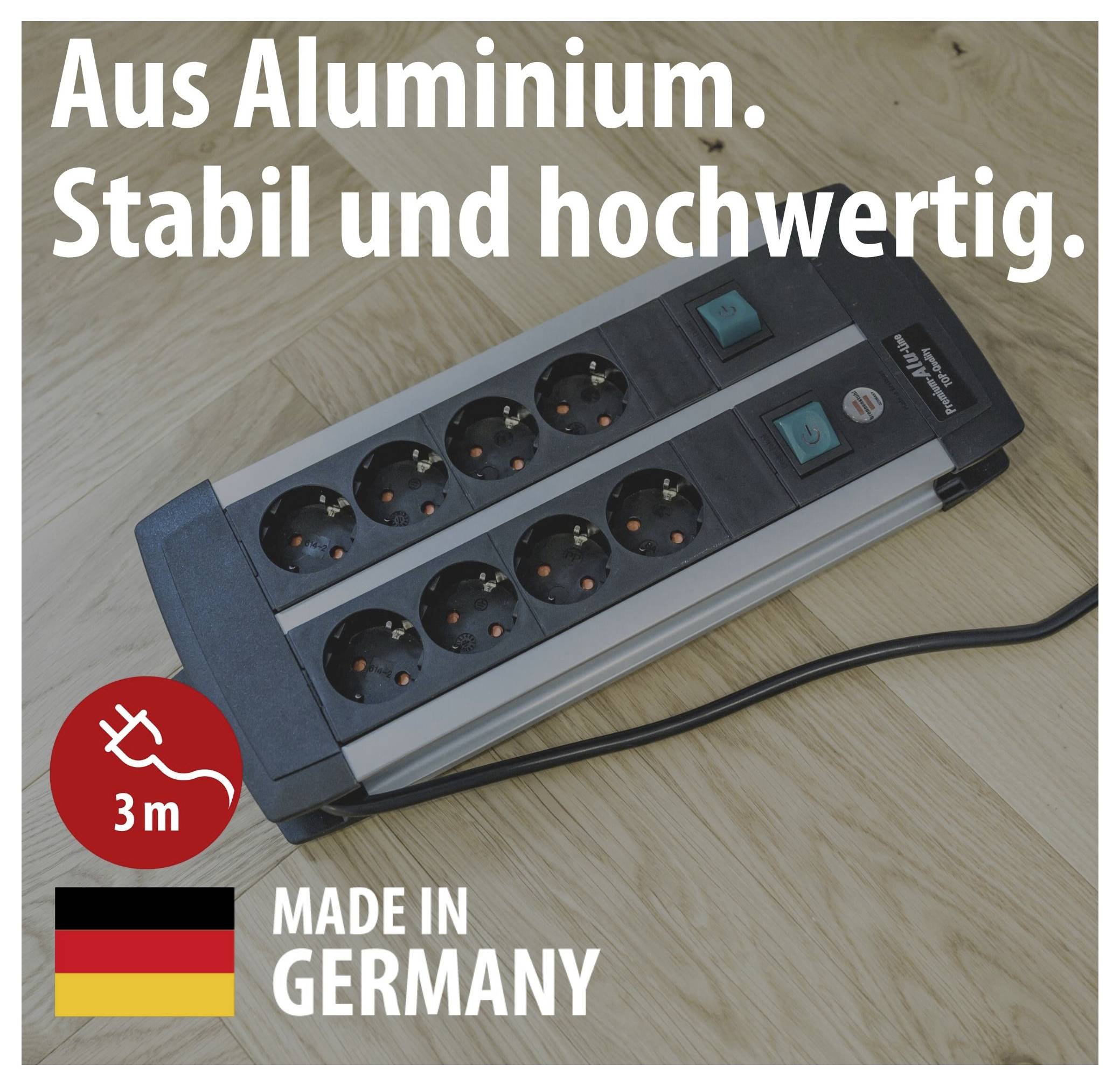 Werbebild einer Steckdosenleiste aus Aluminium mit Text 'Aus Aluminium. Stabil und hochwertig.', '3 m' und 'Made in Germany'.