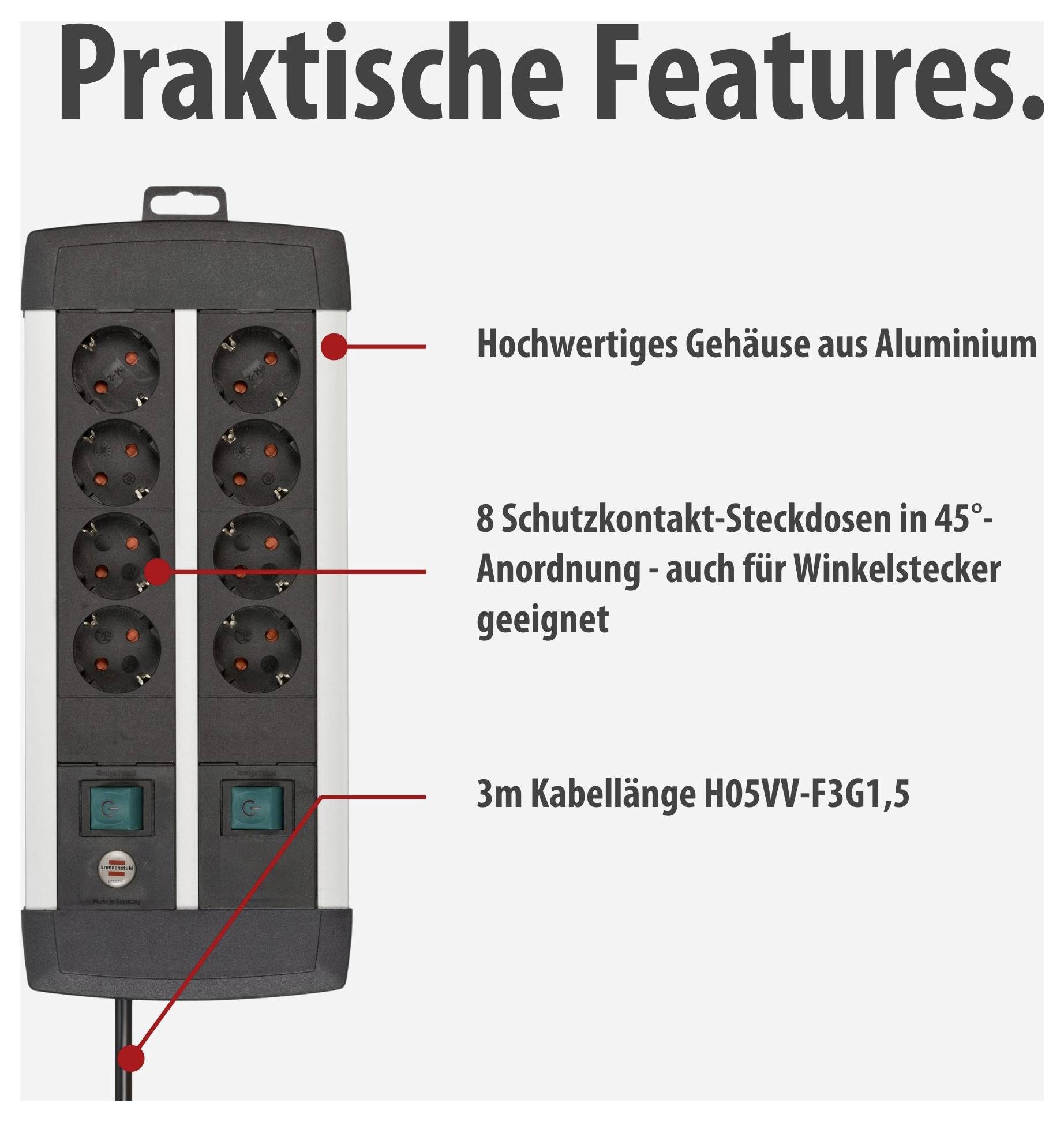 Verteilersteckdose mit 8 Schutzkontakt-Dosen im Aluminiumgehäuse, 3 m Kabel; beschriftet mit den Features des Produkts.
