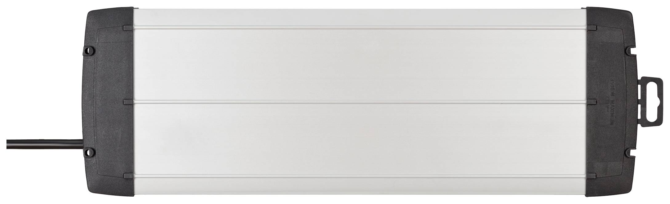 Ein rechteckiger, flacher LED-Treiber mit metallischem Gehäuse und schwarzen Endkappen, von oben gesehen. Ein Kabel ist sichtbar.