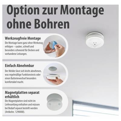 Werbegrafik „Option zur Montage ohne Bohren“ mit drei Vorteilen: werkzeugfreie Montage, leicht abnehmbar und Magnetplatten separat erhältlich; zeigt Deckenmelder an der Decke.<br>