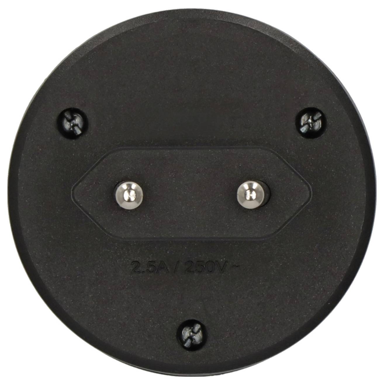 Schwarzer runder elektrischer Stecker oder Stromstecker mit vier sichtbaren Schrauben und zwei Metallstiften mit der Bezeichnung „2,5A/250V"