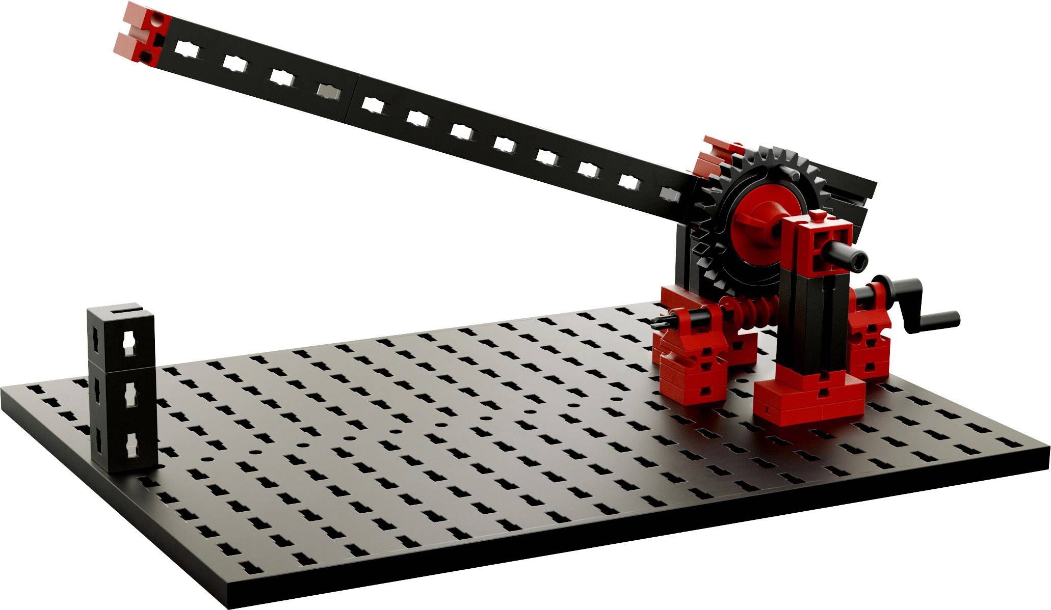 Ein schwarzes, gelochtes Brett zeigt ein rotes und schwarzes mechanisches Modell aus kleinen Bausteinen mit Hebel und Zahnrädern.