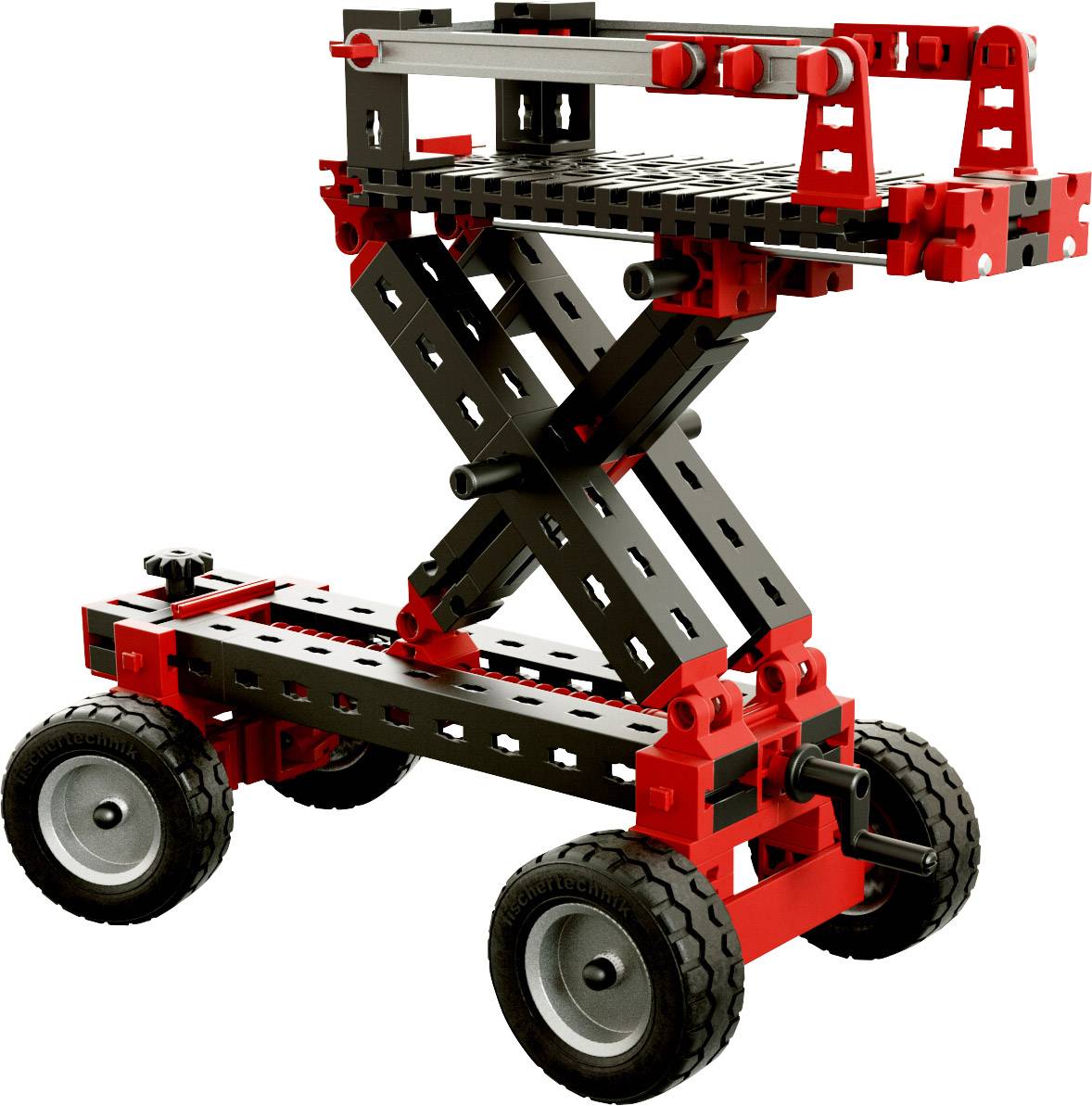 Ein schwarzes und rotes Modell aus Bausteinen, das einem Hebebühnenwagen ähnelt, mit vier Rädern und einem ausfahrbaren Scherenmechanismus.