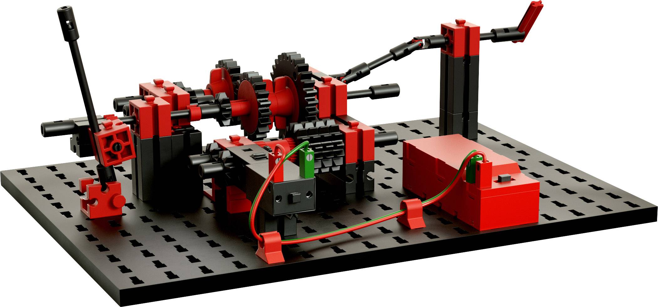 Ein Modell aus roten und schwarzen Bausteinen zeigt eine komplexe Maschine mit Zahnrädern und Hebeln auf einer Basisplatte.