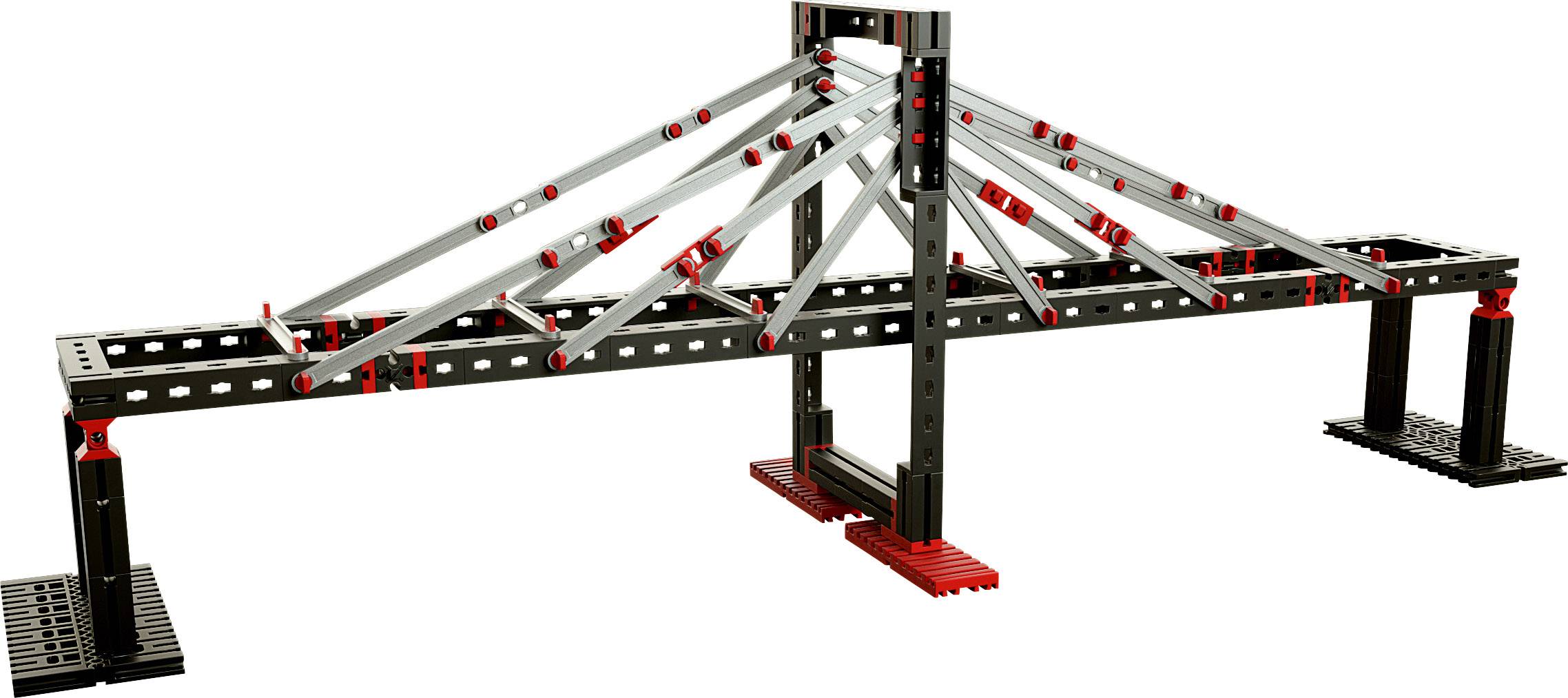 Modell einer Fachwerkbrücke aus Kunststoff, hauptsächlich in Schwarz, Rot und Silber, zeigt eine stabile Balkenkonstruktion.