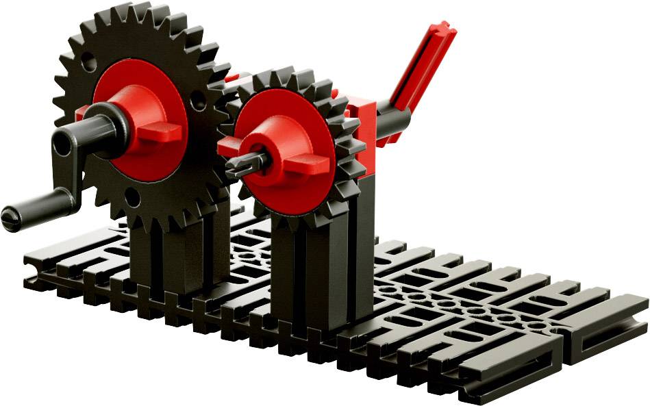 Ein Zahnradsystem mit zwei ineinandergreifenden Zahnrädern auf schwarzem Untergrund. Ein Griff ist an einem der Zahnräder befestigt.