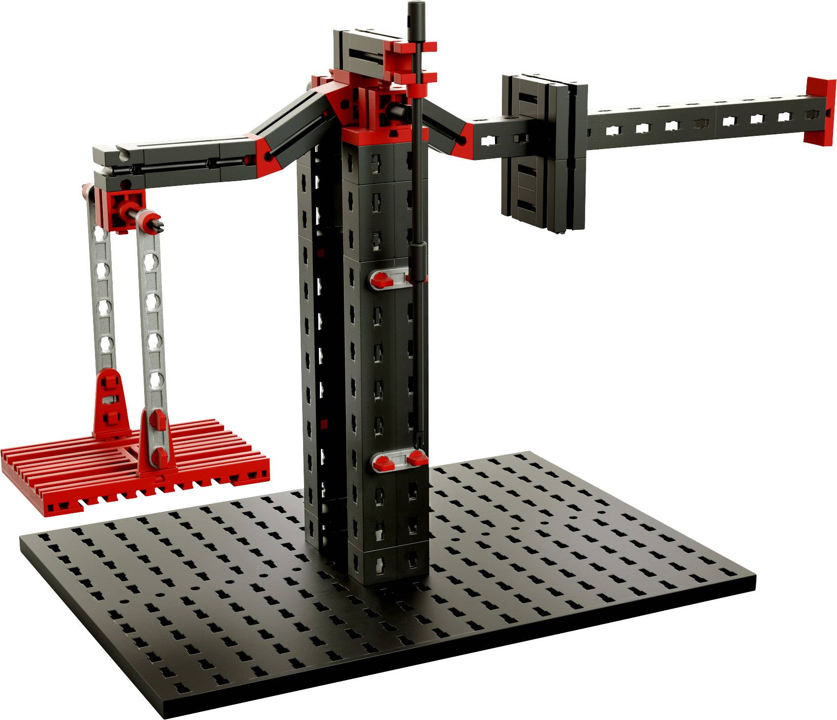 Schwarzes und rotes Konstruktionsmodell aus Kunststoff mit Hebearm auf einer perforierten Plattform.