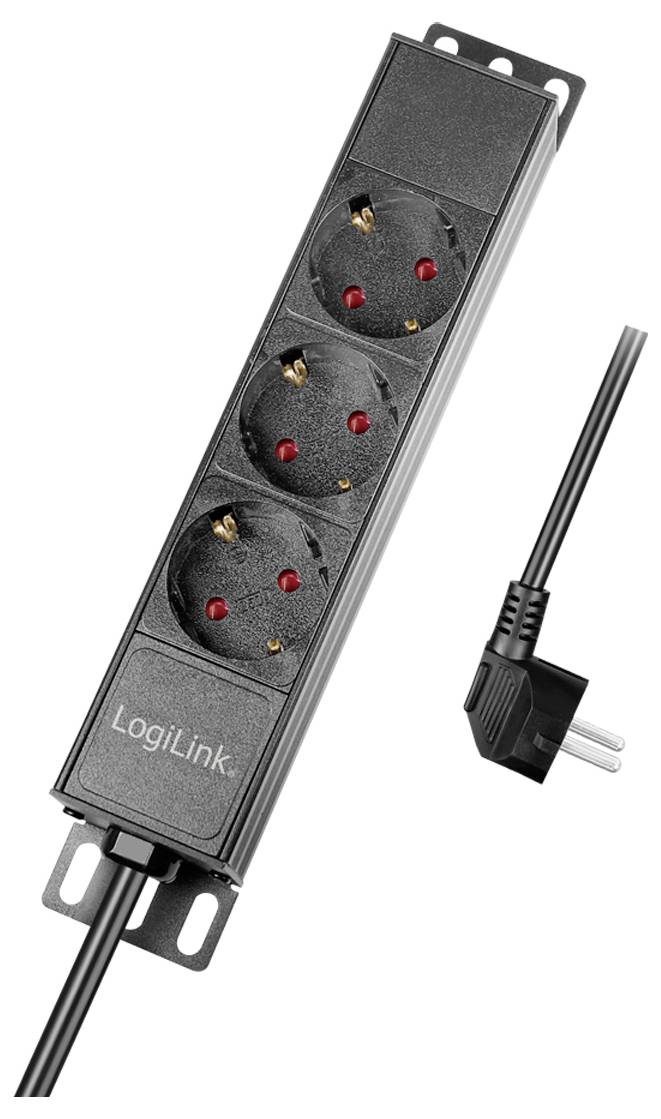 LogiLink Steckdosenleiste mit drei Schuko-Steckplätzen und einem Schalter, schwarzes Design, seitlich ein abgewinkeltes Stromkabel.