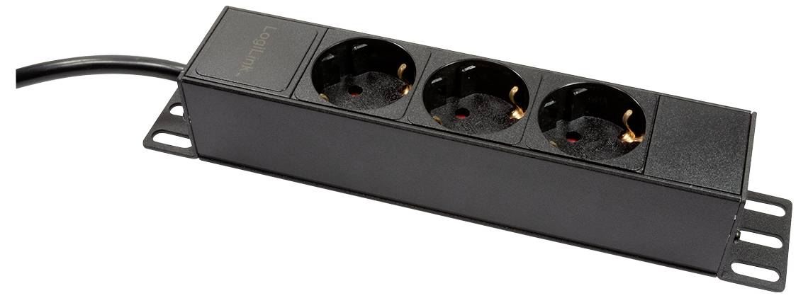 Schwarze Steckdosenleiste mit drei Steckplätzen und einem Kabel, geeignet für die Wandmontage.