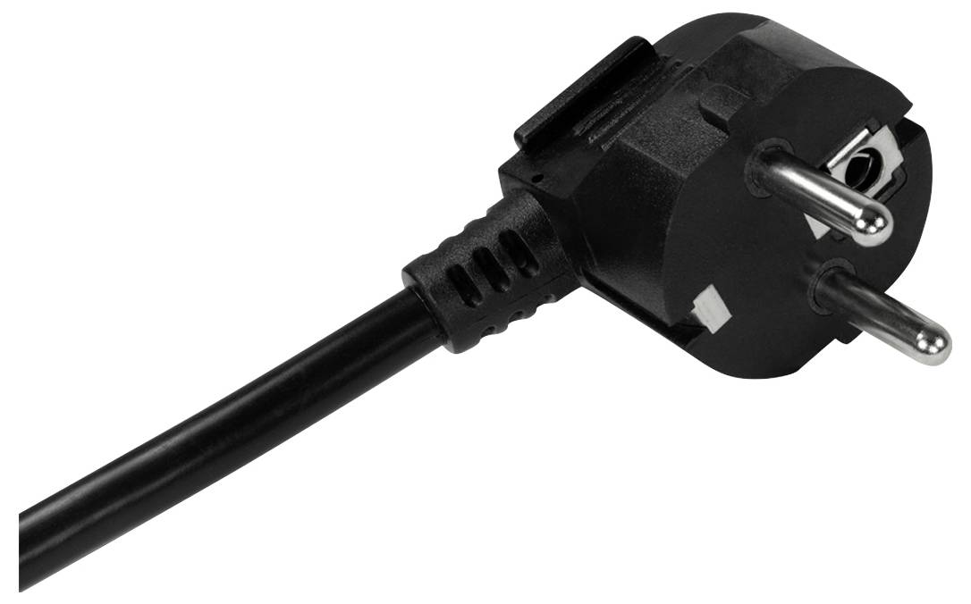 Ein schwarzer Schuko-Stecker mit zwei Metallstiften und Erdungskontakt. Der Stecker ist von einem Kabel verbunden.