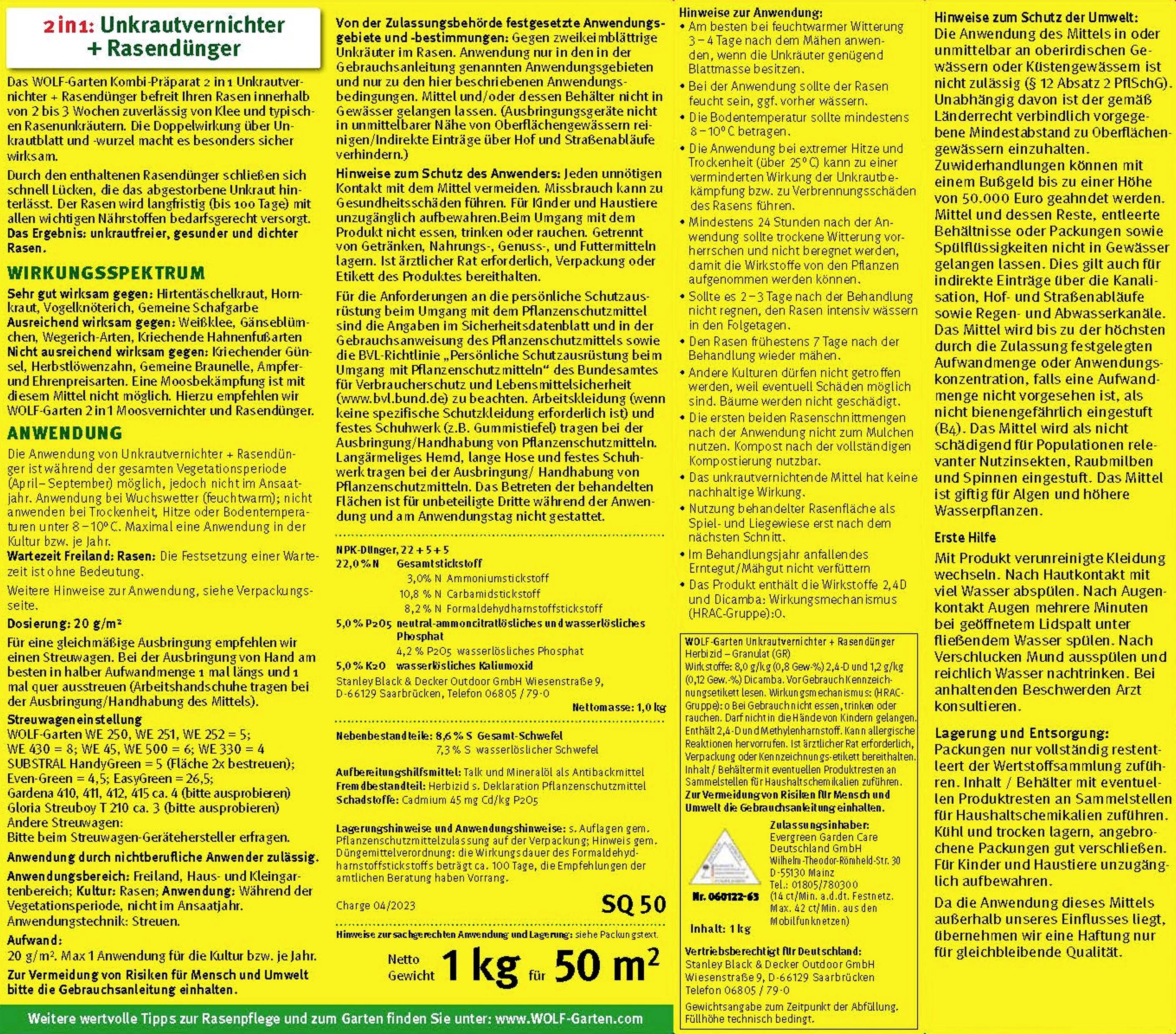 Verpackung eines 2-in-1-Unkrautvernichters und Rasendüngers. Enthält Produktinformationen, Anwendungshinweise und Sicherheitsvorschriften.