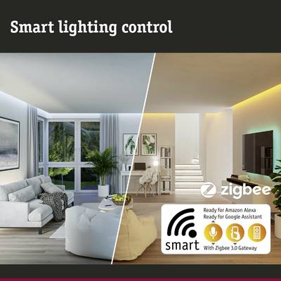 Zwei Wohnzimmerszenen: links hell beleuchtet, rechts gedimmt. Text: 'Smart lighting control', kompatibel mit Amazon Alexa, Google Assistant, Zigbee.