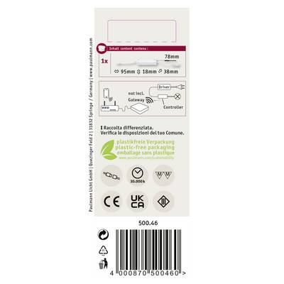 Etikett einer Lampe mit Angaben: 'Inhalt: 1x 78mm'. Symbole für Recycling und Zertifizierungen. Text in mehreren Sprachen zur Verpackung.